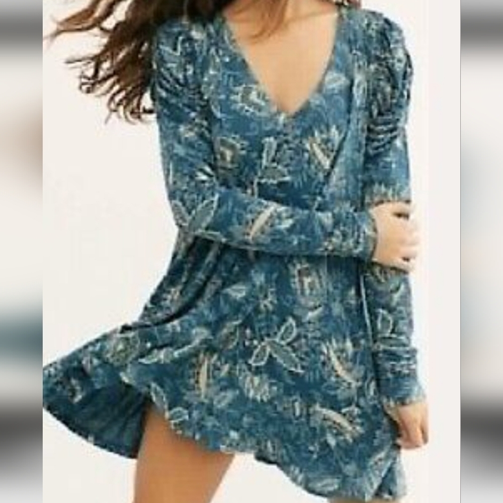 Free People Hello Lover Dusty Indigo Tunic dress Long sleeve Size S